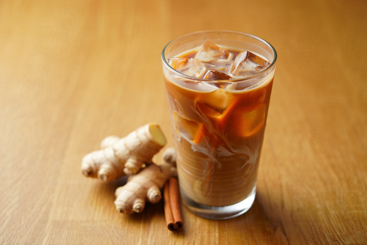 Iced chai tea latte in a tall glass over ice with cold milk swirling through spiced tea, fresh ginger and cinnamon beside it on light oak